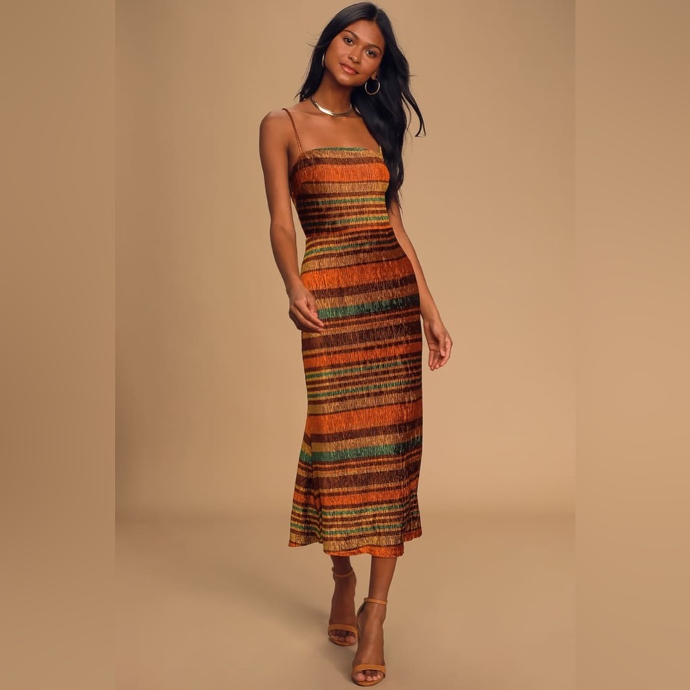 Lulus After Dawn Brown Multi Striped Velvet Sleeveless Midi Dress // Size Small